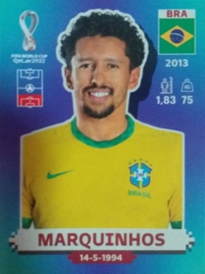 Figurinha de Marquinhos - Jogador da Seleo Brasileira na Copa do Mundo de Futebol de 2022 no Catar (Qatar) - Foto: Panini/Divulgao