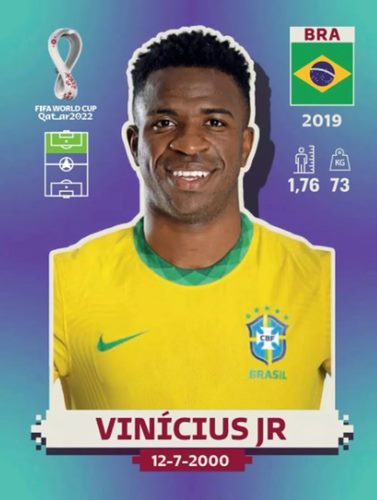 Figurinha de Vincius Jnior - Jogador da Seleo Brasileira na Copa do Mundo de Futebol de 2022 no Catar (Qatar) - Foto: Panini/Divulgao