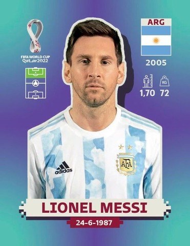 Figurinha de Lionel Messi - Jogador da Seleção Argentina na Copa do Mundo de Futebol de 2022 no Catar (Qatar) - Foto: Panini/Divulgação