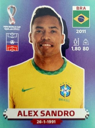 Figurinha de Alex Sandro - Jogador da Seleo Brasileira na Copa do Mundo de Futebol de 2022 no Catar (Qatar) - Foto: Panini/Divulgao