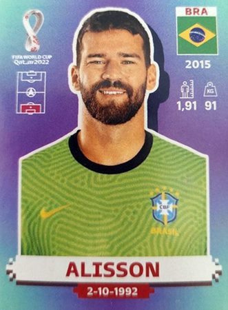 Figurinha de Alisson - Jogador da Seleo Brasileira na Copa do Mundo de Futebol de 2022 no Catar (Qatar) - Foto: Panini/Divulgao