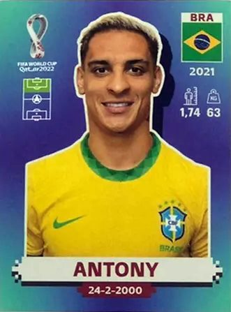 Figurinha de Antony - Jogador da Seleção Brasileira na Copa do Mundo de Futebol de 2022 no Catar (Qatar) - Foto: Panini/Divulgação