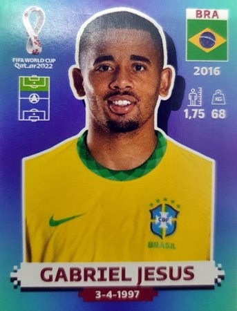 Figurinha de Gabriel Jesus - Jogador da Seleção Brasileira na Copa do Mundo de Futebol de 2022 no Catar (Qatar) - Foto: Panini/Divulgação