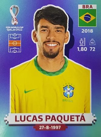 Figurinha de Lucas Paquetá - Jogador da Seleção Brasileira na Copa do Mundo de Futebol de 2022 no Catar (Qatar) - Foto: Panini/Divulgação
