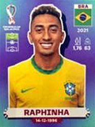 Figurinha de Raphinha - Jogador da Seleo Brasileira na Copa do Mundo de Futebol de 2022 no Catar (Qatar) - Foto: Panini/Divulgao
