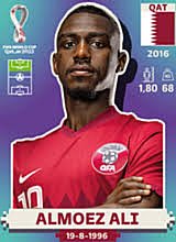 Figurinha de Almoez Ali - Jogador da Seleção Catariana na Copa do Mundo de Futebol de 2022 no Catar (Qatar) - Foto: Panini/Divulgação