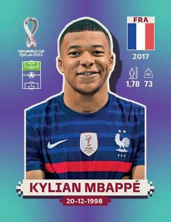 Figurinha de Kylian Mbappé - Jogador da Seleção Francesa na Copa do Mundo de Futebol de 2022 no Catar (Qatar) - Foto: Panini/Divulgação