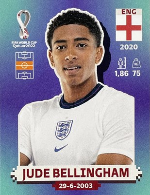 Figurinha de Jude Bellingham - Jogador da Seleo da Inglaterra na Copa do Mundo de Futebol de 2022 no Catar (Qatar) - Foto: Panini/Divulgao