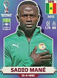 Figurinha de Sadio Mané - Jogador da Seleção Senegalesa na Copa do Mundo de Futebol de 2022 no Catar (Qatar) - Foto: Panini/Divulgação