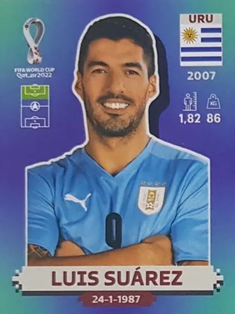 Figurinha de Luis Surez - Jogador da Seleo do Uruguai na Copa do Mundo de Futebol de 2022 no Catar (Qatar) - Foto: Panini/Divulgao